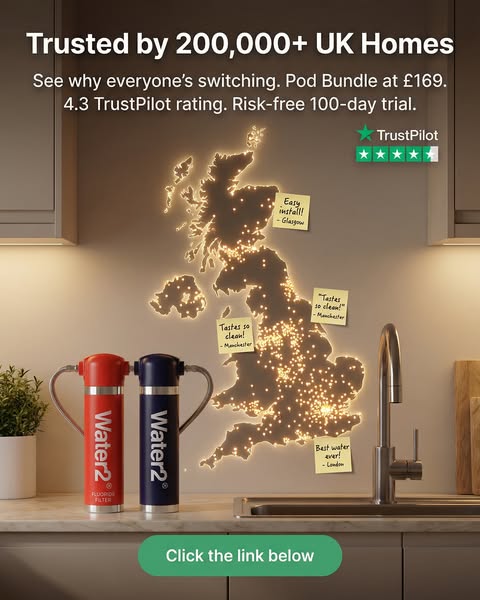 This ad promotes Water2 water filtration products by showcasing the product and including social proof in the form of a 