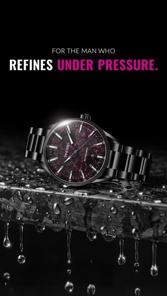 This image ad features a black watch with a pink marbled face and a black band. The background is black with water dropl