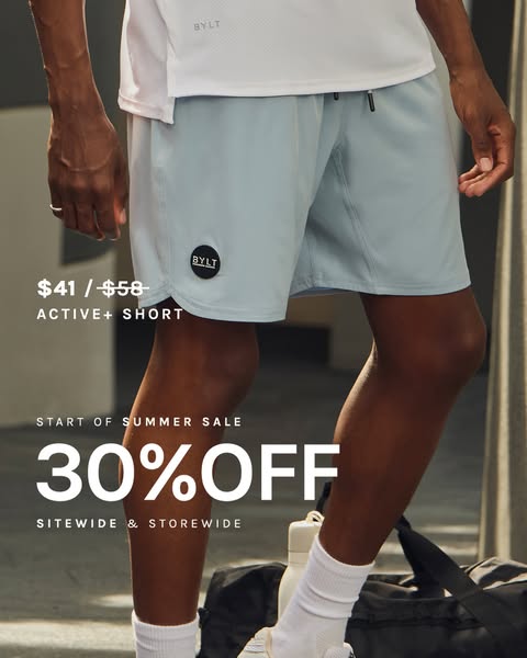 This image ad promotes the BYLT ACTIVE+ short with a 30% off sale.