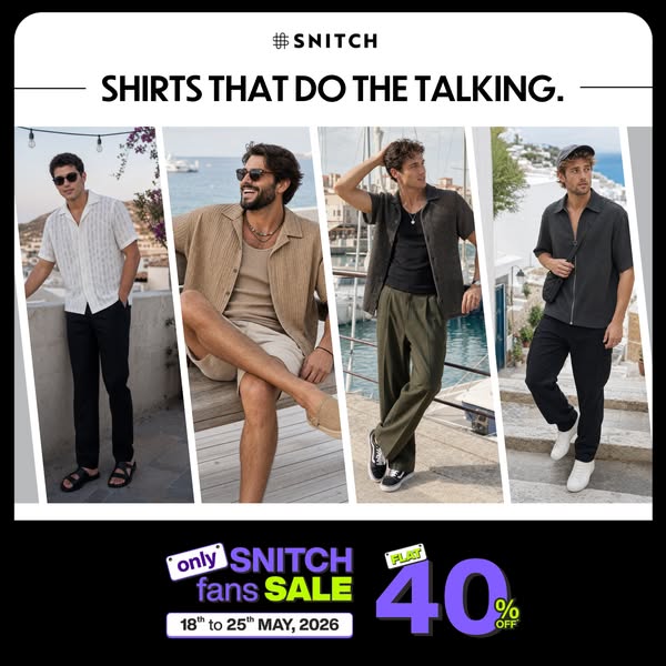This image ad for SNITCH features four men wearing different shirt styles from the brand. The ad promotes an exclusive s