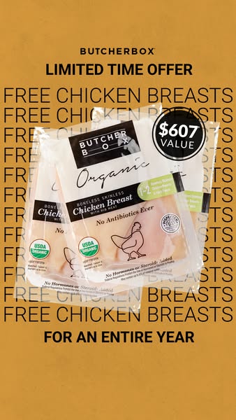 This image ad for ButcherBox promotes a limited time offer of free chicken breasts for an entire year. The ad features a
