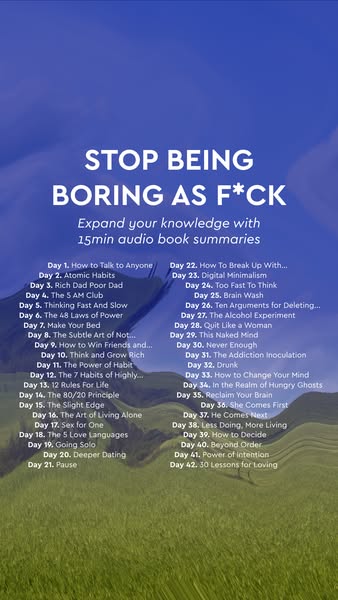 This ad promotes 15-minute audio book summaries to help the viewer stop being boring.