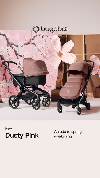 This ad showcases the new 'Dusty Pink' color for Bugaboo strollers, set against a backdrop evoking springtime. I