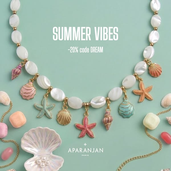 This ad for Aparanjan jewelry features a mother-of-pearl beaded necklace with shell and starfish charms on a turquoise b