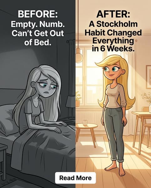 This ad uses a before and after to depict the change a Stockholm habit can make. The left side shows a depressed woman i