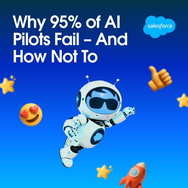 This ad uses a cartoon robot and emojis to draw attention to the statistic that 95% of AI pilots fail, and implies that 