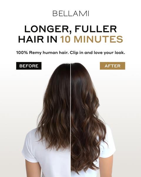 This image ad showcases clip-in hair extensions from BELLAMI, demonstrating the transformation they provide in terms of 