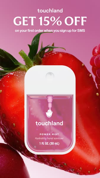 This image ad for Touchland promotes a 15% discount on the first order when signing up for SMS. The ad features a close-