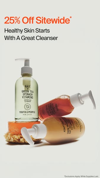 This image ad promotes Youth To The People skincare products, highlighting their cleansers. It offers a 25% sitewide dis
