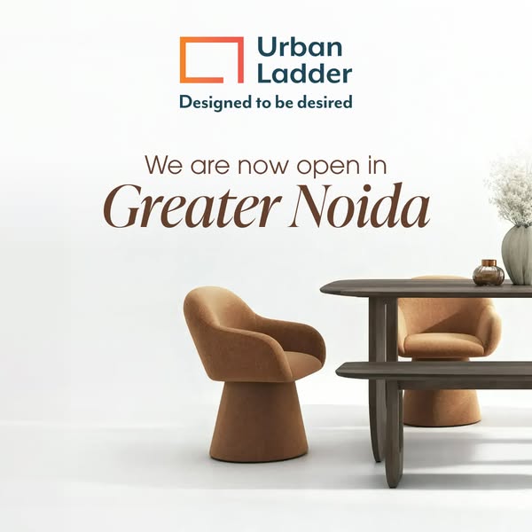 This image ad by Urban Ladder announces the opening of a new location in Greater Noida and shows a dining room furniture