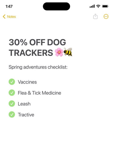 This ad promotes 30% off dog trackers by presenting a 'Spring adventures checklist' inside a Notes app interface