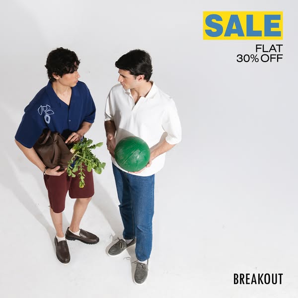 This ad showcases a clothing brand's sale with a flat 30% discount. It features two male models in different outfits