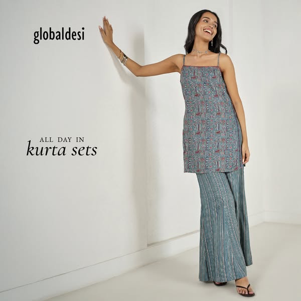 This image ad showcases Global Desi's kurta sets, highlighting their suitability for all-day wear. It features a wom