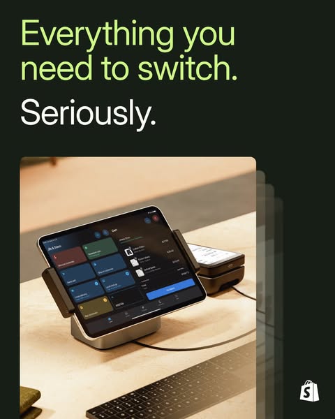 This image ad for Shopify promotes switching to their services. It features a point-of-sale (POS) system centered around