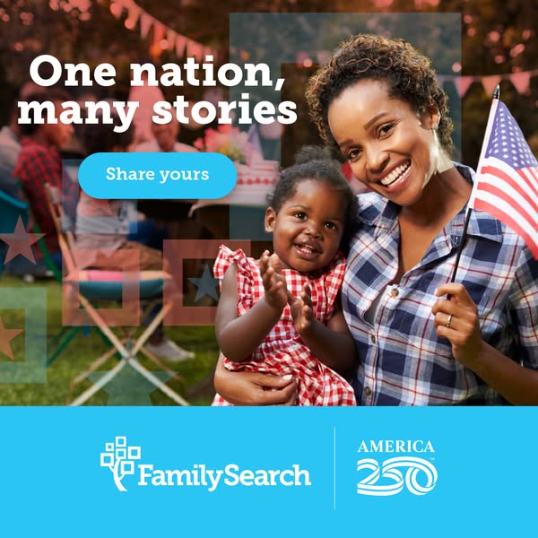 This image ad by FamilySearch is promoting the sharing of family stories. It features a mom and her daughter with an Ame