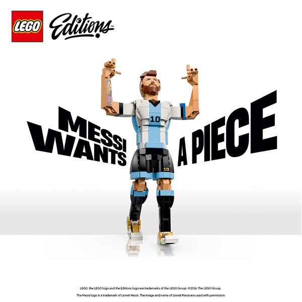 This ad features a Lego version of Lionel Messi. The product shown is part of the Lego Editions line.
