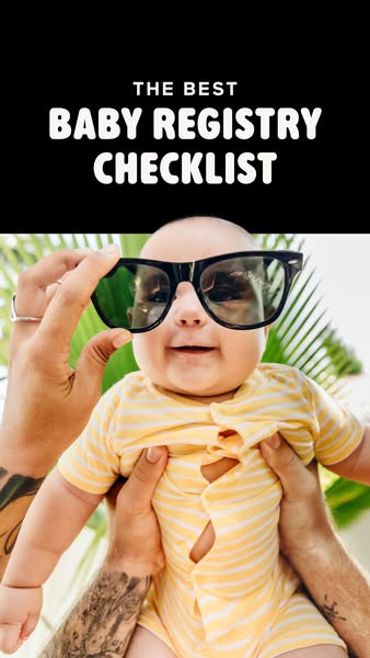 This ad is for a baby registry checklist. The ad features a baby wearing sunglasses and a yellow and white striped onesi