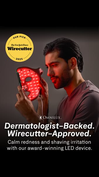 This ad features a man holding an Omnilux LED device. The ad highlights that the product is dermatologist-backed and Wir