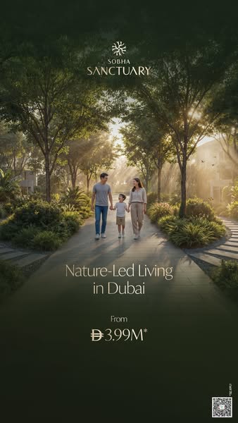 This image ad promotes Sobha Sanctuary, a nature-led residential living community in Dubai. It features a family walking