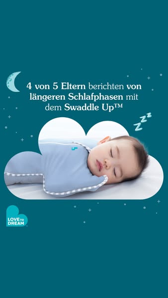 Ad for Love To Dream Swaddle Up baby swaddle featuring a sleeping baby wrapped in the product, alongside text highlighti