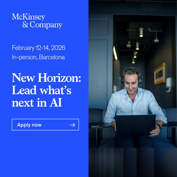 This ad promotes McKinsey & Company's 'New Horizon: Lead what's next in AI' event in Barcelona, Febr