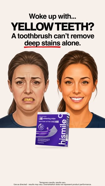 This ad features a split image of a woman before and after using HiSmile teeth whitening strips, addressing the problem 