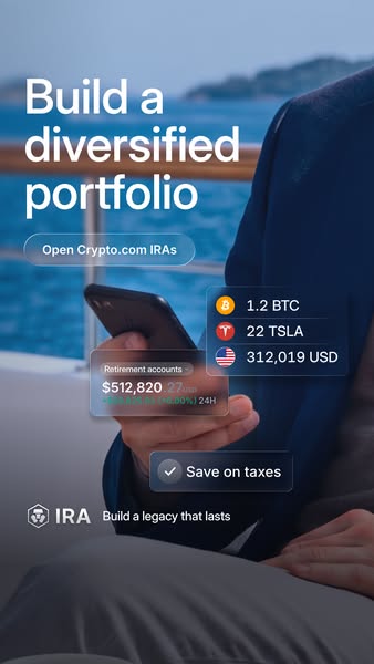 The image ad shows a man looking at a Crypto.com IRA account on his phone while enjoying a relaxing boat ride on the wat