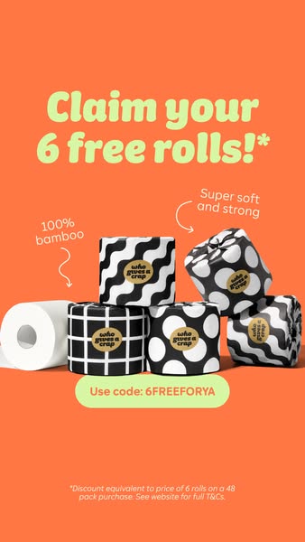 This ad promotes Who Gives a Crap toilet paper, offering 6 free rolls with a purchase using a provided discount code. It