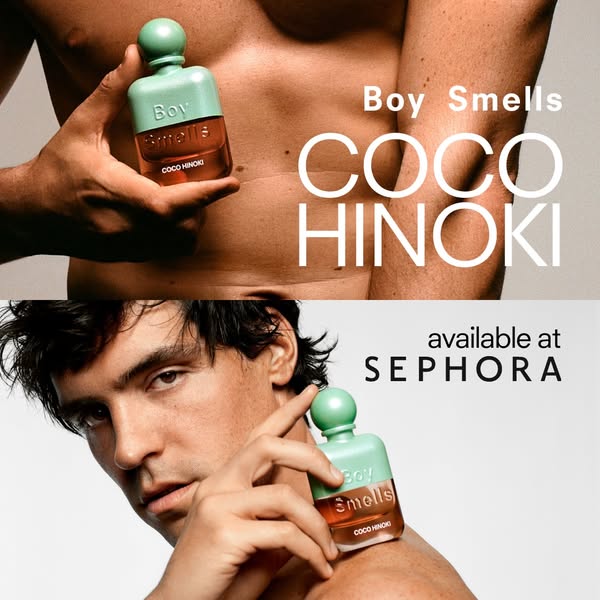 Image ad for Boy Smells Coco Hinoki fragrance, featuring close-up shots of a male model and the product, emphasizing its
