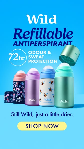 This ad showcases Wild refillable antiperspirant. It emphasizes odour and sweat protection, while highlighting the brand
