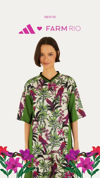 This ad showcases a woman wearing a garment from the Adidas and Farm Rio collaboration. The ad emphasizes the newness of