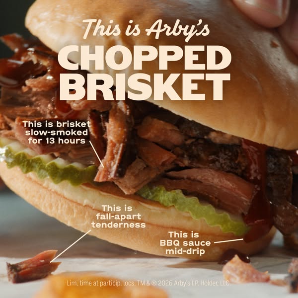 This ad showcases Arby's Chopped Brisket sandwich, emphasizing its key features through close-up shots and text over