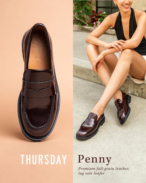 This image ad showcases Thursday Boot Company's Penny Loafer. The ad features a split-screen layout, with a close-up