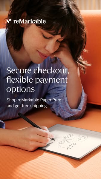 This ad for reMarkable Paper promotes their secure checkout and flexible payment options, in addition to free shipping w