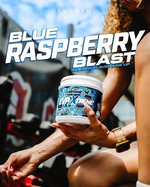 This ad showcases a person holding a tub of Evogen EVP Xtreme pre-workout powder. The visual focus is on the product and