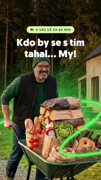 A man pulls a wheelbarrow full of firewood and groceries in a lush setting. The ad asks, "Who would haul that?&quot