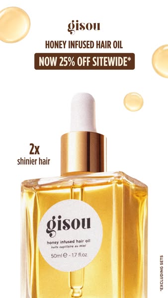 This image ad for Gisou highlights its Honey Infused Hair Oil, emphasizing its benefits for shinier hair and offering a 