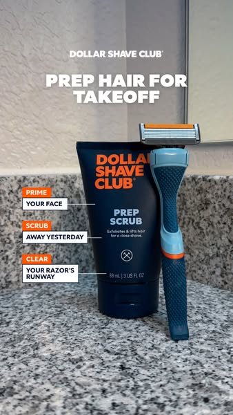 This image ad showcases Dollar Shave Club's Prep Scrub as an essential addition to a shaving routine. The ad uses th