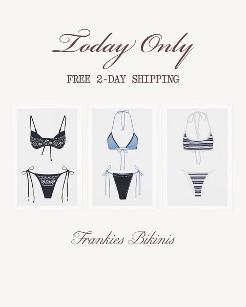 This ad features three different bikinis in a simple, elegant design. The ad is promoting free 2-day shipping, but only 