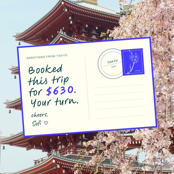 The ad uses a postcard visual to promote travel to Tokyo. The postcard features a message from "Sofi" who stat