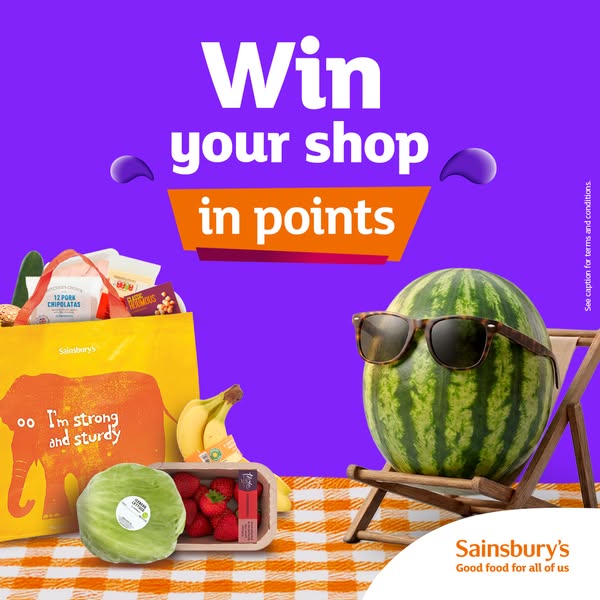 The ad promotes Sainsbury's reward point program. The ad showcases a variety of fresh foods in a bright and playful