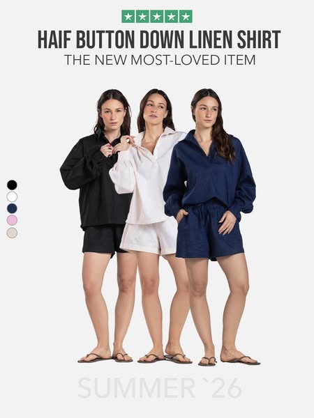 An ad featuring a clothing set, which includes a button-down shirt and drawstring shorts, in multiple color variations.