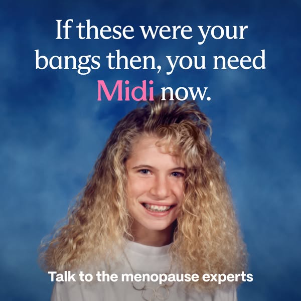 The ad features an image of a young girl with frizzy bangs set against a blue background. The copy suggests that if you 