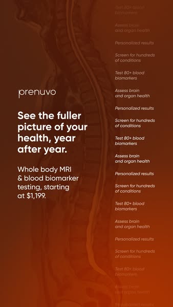 This ad promotes Prenuvo's whole body MRI and blood biomarker testing, emphasizing early detection and personalized 