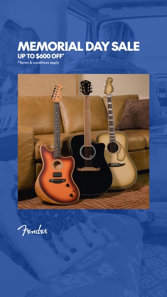 This Fender ad promotes a Memorial Day Sale with up to $600 off, featuring three guitars against a couch backdrop. The a