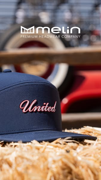 This image ad showcases Melin headwear, specifically a dark blue cap with the word "United" embroidered on the