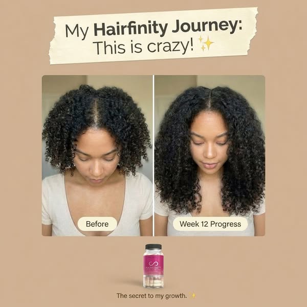 This image ad shows before and after photos of a woman's hair growth journey after using Hairfinity hair growth supp