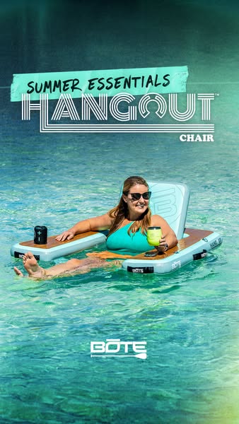 The ad promotes the BOTE Hangout Chair as a summer essential, showcasing a woman relaxing on it in the water with a drin