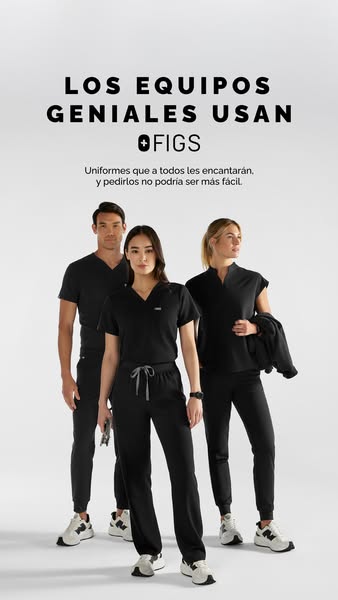 This ad features three people wearing FIGS brand scrubs. The ad highlights the brand's appeal to teams and the ease 