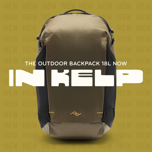 This ad highlights the new 'Kelp' color option for the Peak Design Outdoor Backpack 18L. The visual emphasizes t